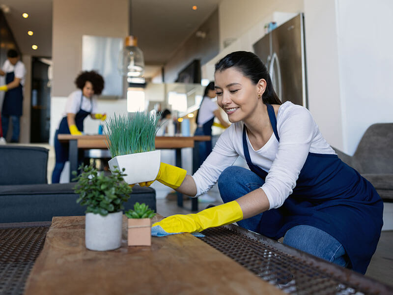 cleaning lady wiping surface of table underneath objects